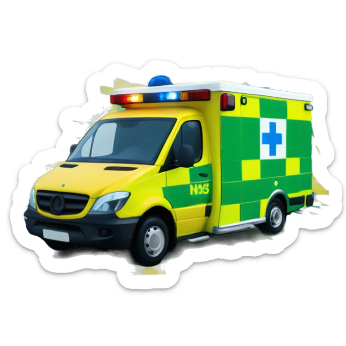 British NHS ambulance, yellow body, with green and yellow checkerboard print along the bottom. NHS blue and white logo on the side. Blue flashing lights sticker