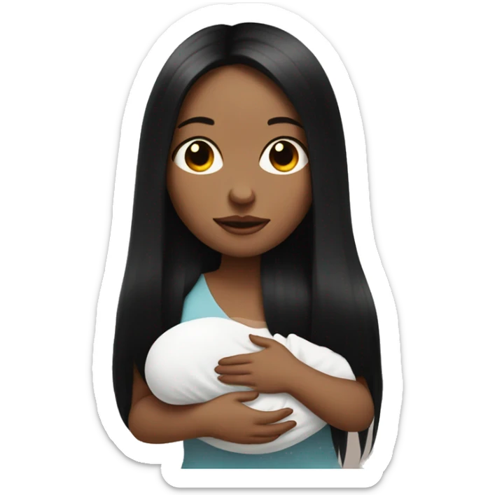 Pale girl with long black hair is holding a pale newborn baby sticker
