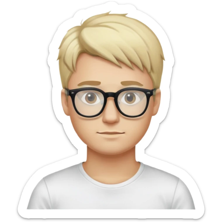 a guy with blond hair, glasses with tinted lenses, a white T-shirt and black leggings sticker