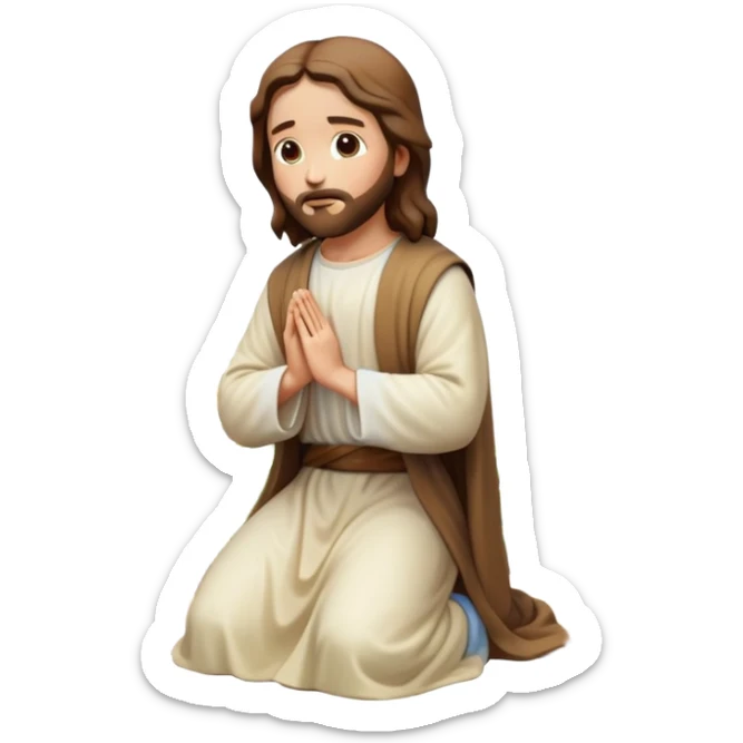Jesus kneeling to pray in a garden, soft light, reverent, emoji style sticker