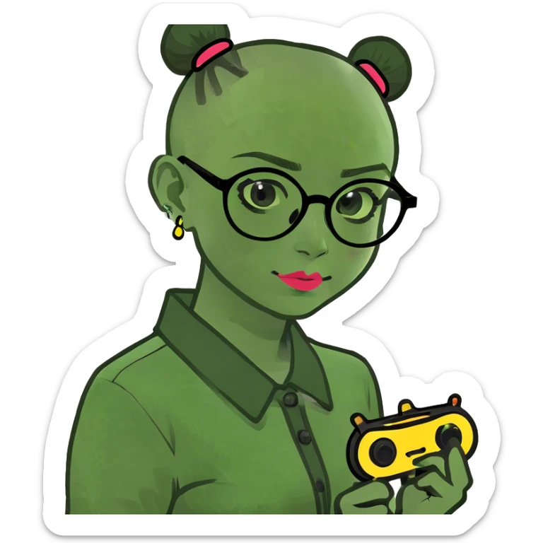 create a half Japanese girlie with glasses holding buzzers and part of her head shaved. She has concepts of a psychotic break. sticker