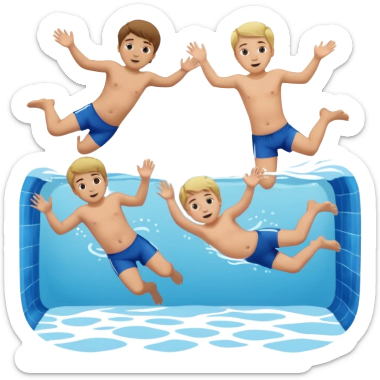 Two blond boys, the third boy with brown hair and a little baby girl with braun hair doing a belly flop in to a pool full of water. Show the pool sticker