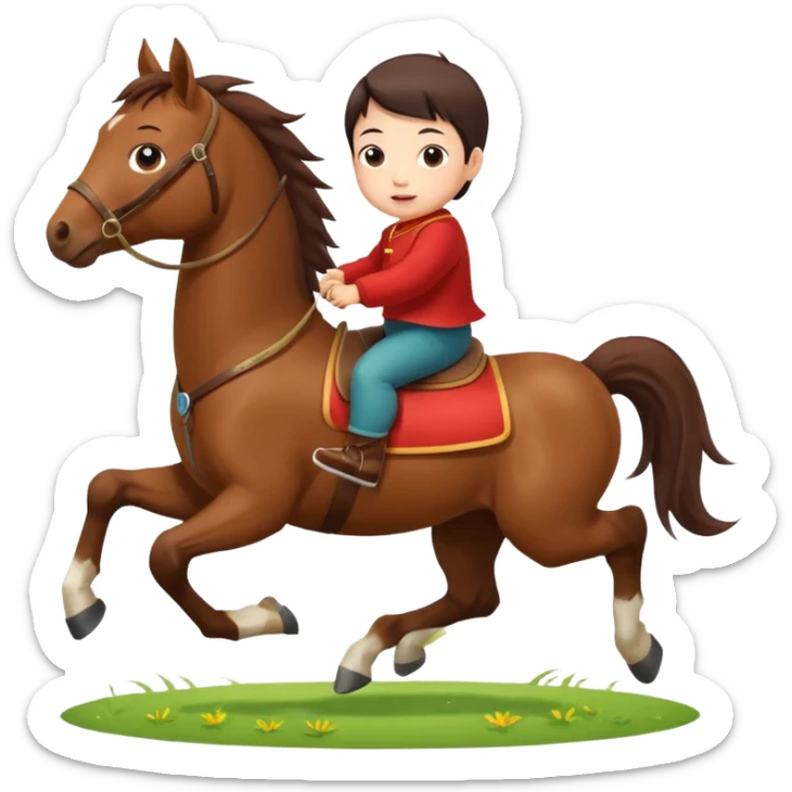 l little chinese baby riding on a  cute horse running really fast on the grass with 2026 year's label sticker