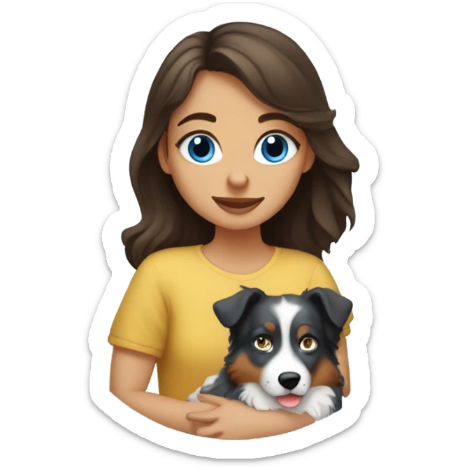 Brunette blue blue-eyed girl hugging Tricolored Australian Shepherd sticker