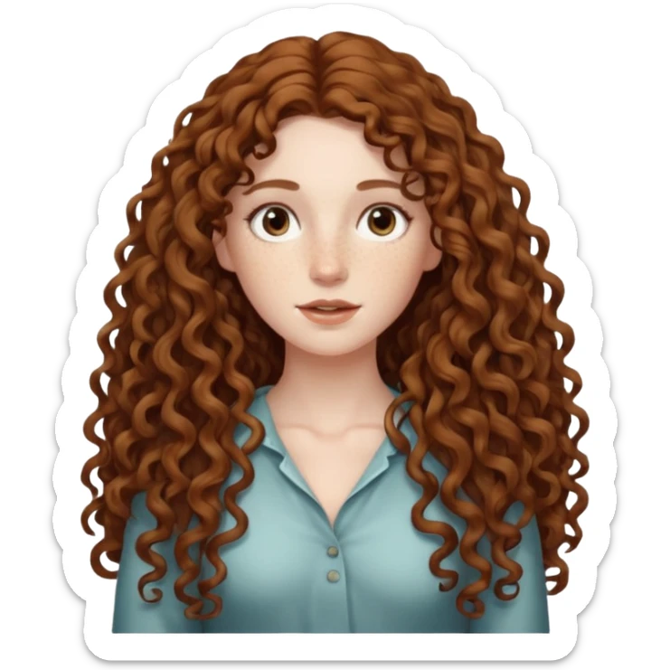 pale woman with brown curly very long hair, middle part. the hair is very long, waist length, but you can't see her waist sticker