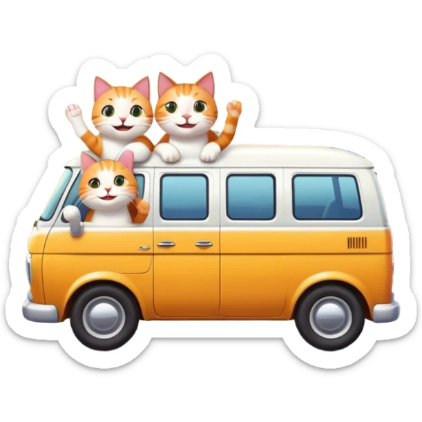 two cartoon cats in a van waving out the window at a small house in the background sticker