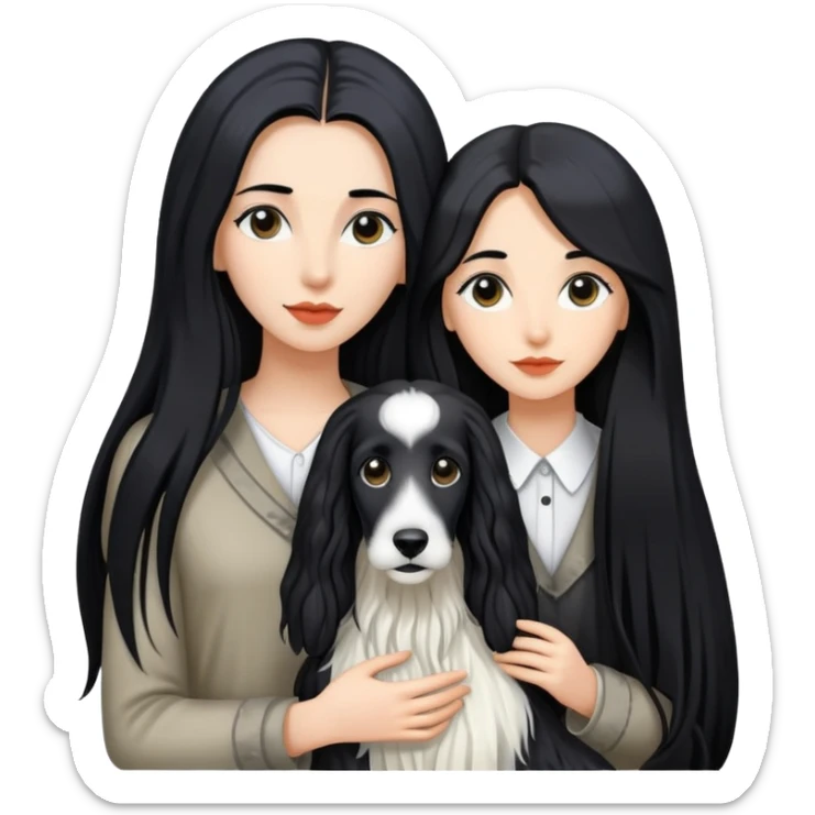 A girl with long black hair walks a black and white Afghan hound sticker