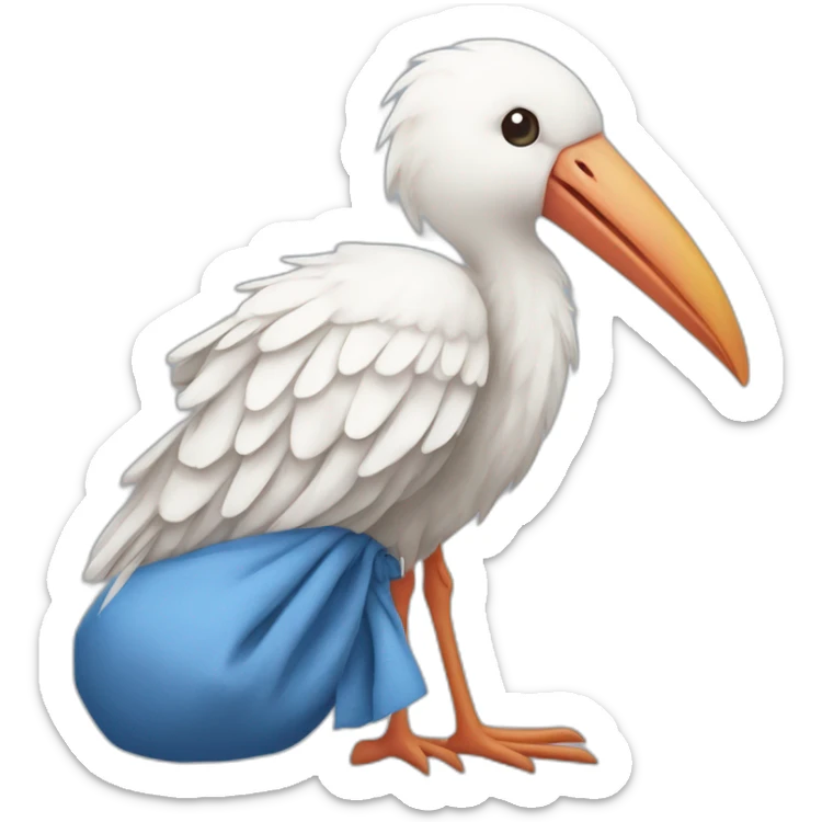 White stork carrying a blue bundle of cloth in its beak that has a human baby with dark hair and the baby head is peeking from the fabric bundle the strok is carrying with its beak sticker