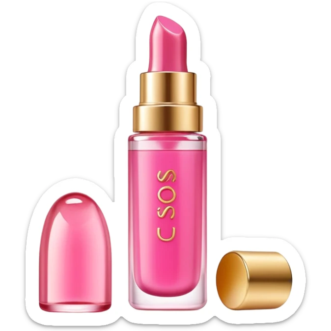 Gisou lip oil in pink color, small transparent bottle with gold cap, pink-tinted lip gloss, honey-infused beauty product sticker