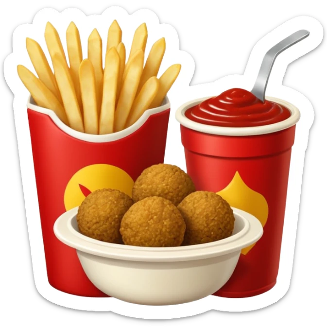 falafel and fries, with two containers with  red sauce and white sauce  sticker