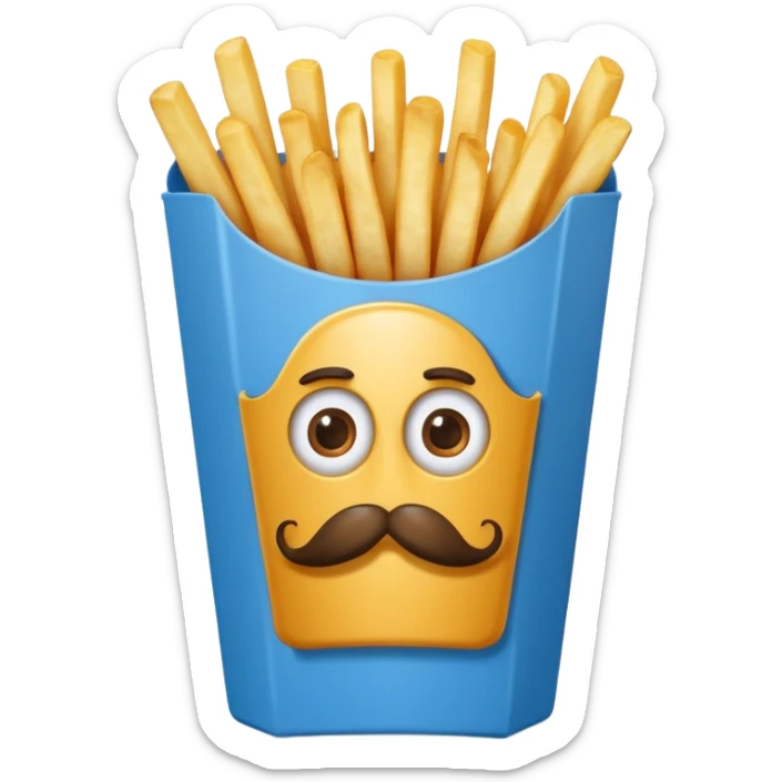 long slim crispy fries in a blue carton, carton has eyes and mustache sticker