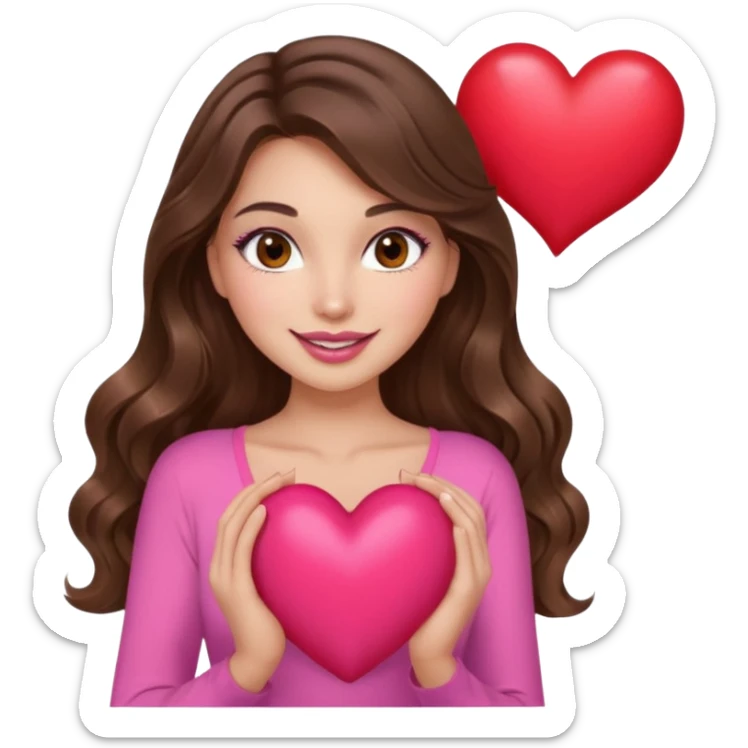 girl with long wavy brown hair, brown eyes, long lashes makeup, sexy pink lips, light to medium complexion, wearing a pink sexy top, smiling, holding a big heart sticker
