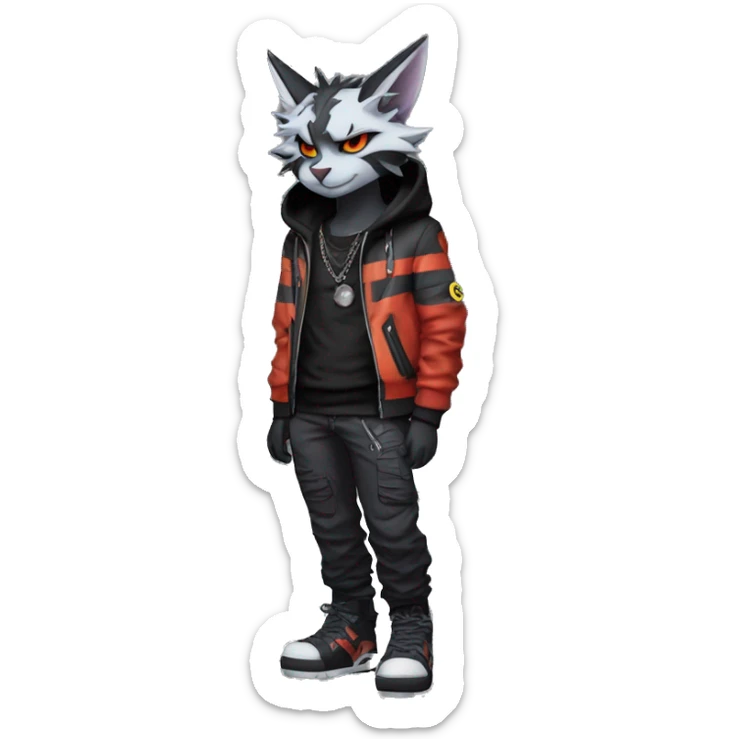 Cool Anthro Black Bat-Nargacuga-Litten-Lynx-Pokémon with edgy stripes hoodie spiked collar punk techwear Cargo Pants Full Body sticker