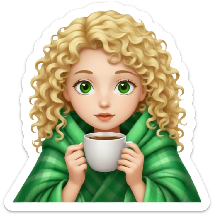 White girl blonde curly hair inside a blanket sipping coffee green eyes  sticker