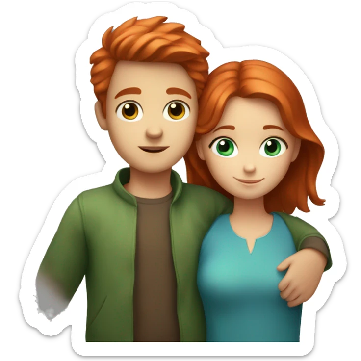 a red-haired boy with blue eyes hugs a girl with brown hair and green eyes sticker