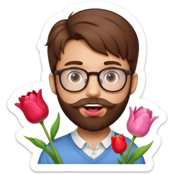 Brown hair guy and a heart shaped eyes with his tongue out with a beard and glasses with a hello kitty and a tulip in his hand   sticker