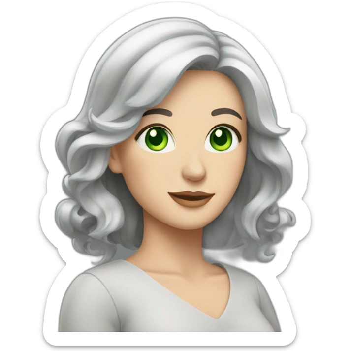White woman with green eyes and shoulder length bows and gray hair sticker