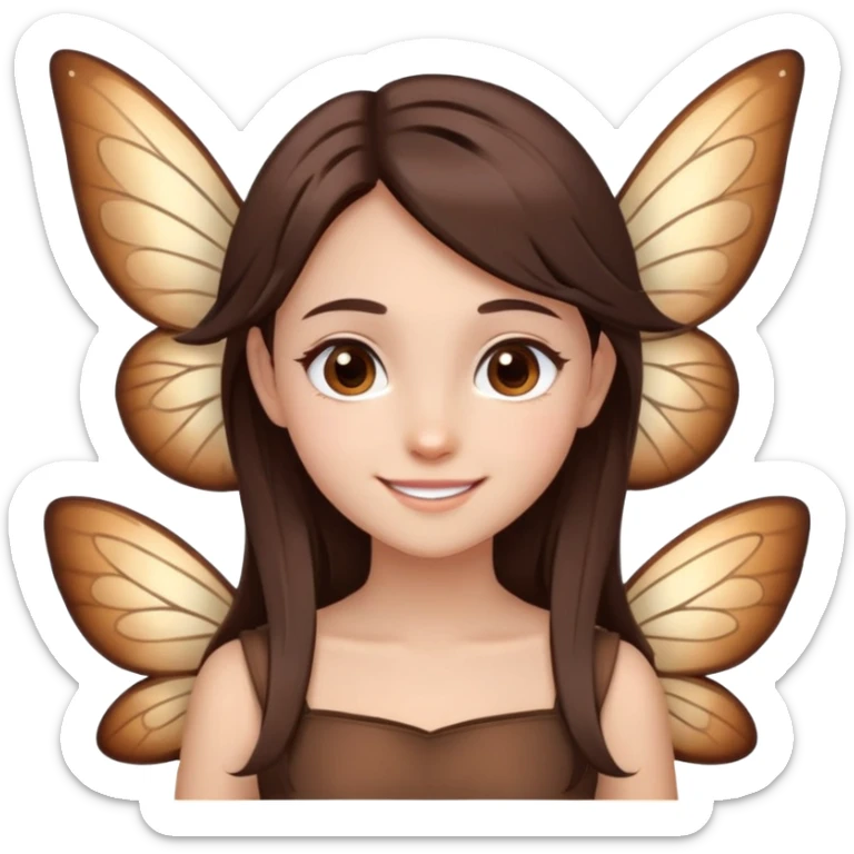 She has chocolate brown staright layered hair and brown eyes, she has fairy wings on her back and her eyebrows are light brown. She has a cute smile without teeth  sticker