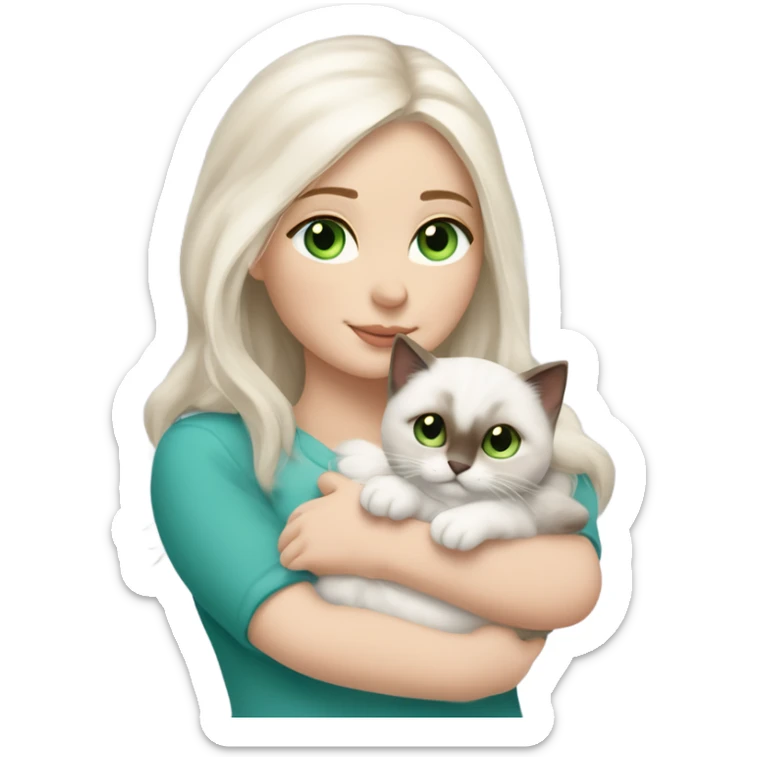 white woman with medium-length brown hair, green eyes and brown freckles on the face under the eyes, holding her sacre de birmanie kitten in her arms with much love, the baby cat has blue eyes, a lot of dark areas on ears and middle of the face. blue eyes sticker
