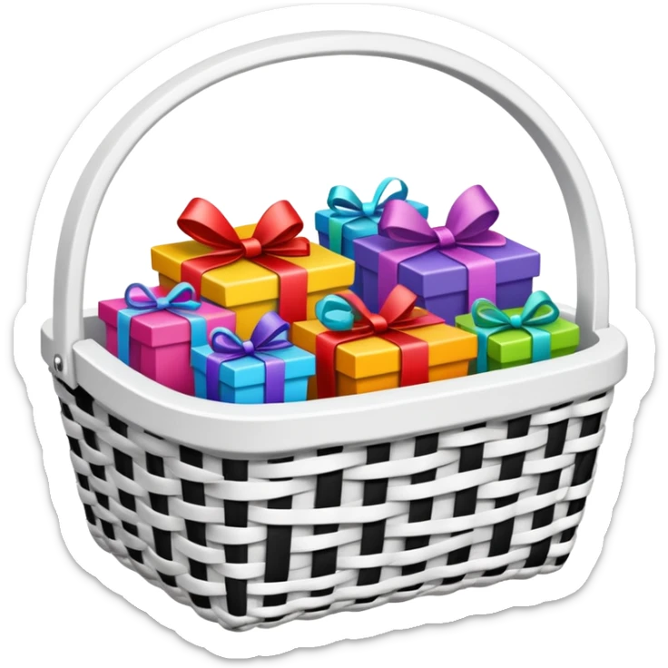  white small gift basket with small gifts inside and only 3 gifts the gift basket color white and black sticker
