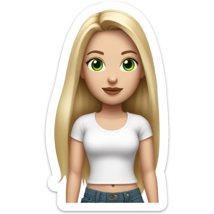 Realistic White girl with Long straight blonde hair, green eyes, tattoos, full body wearing white crop top and jeans, holding pink handbag sticker