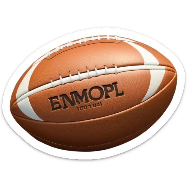 Cinematic Realistic image of a rugged rugby ball with detailed leather textures and precise stitching, rendered against a sunlit field backdrop with dynamic natural lighting that emphasizes its robust character sticker