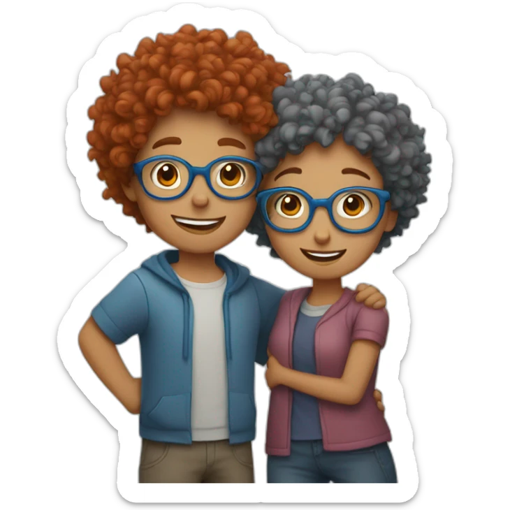a girl with red curly hair and blue glasses hugging a boy with gray hair sticker