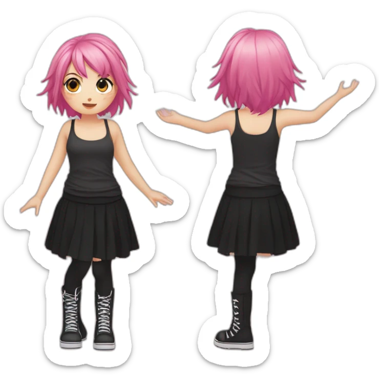 Full body Front view curvy emo girl pink hair sits on the floor straight view hands up black skirt белые трусики sticker