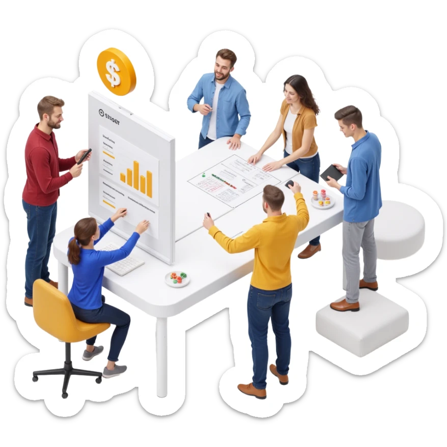 a diverse team sketching ideas on a whiteboard, skeuomorphism style sticker