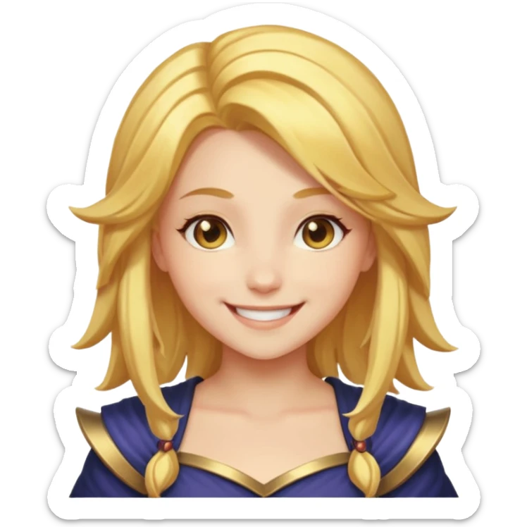 close-up face of Lux from League of Legends, smiling, golden hair sticker