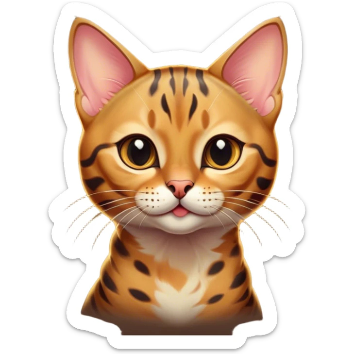 Cinematic Cute Bengal Cat Portrait Emoji, Playful and charming, sleek spotted brown and gold tones, Simplified yet adorable features, highly detailed, glowing with a warm, friendly glow, high shine, curious and affectionate, stylized with a touch of whimsy, head tilted in a playful and inquisitive manner, soft glowing outline, capturing the essence of a mischievous yet loving kitten, so endearing it feels like it could pounce out of the screen and play! sticker