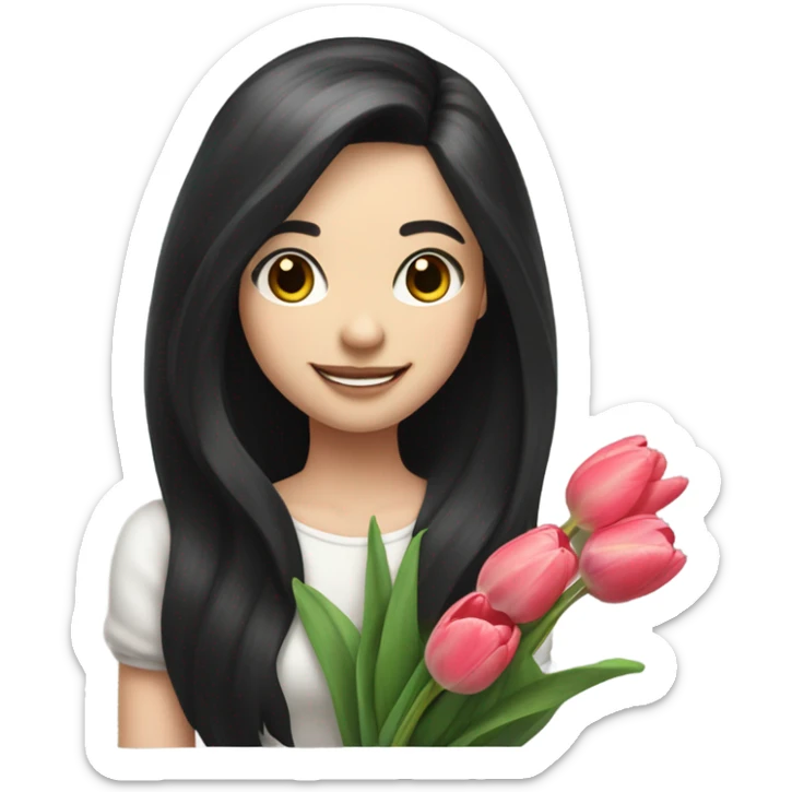 Smiling girl, long black hair with bans, holding a branches of tulip, pale skin sticker