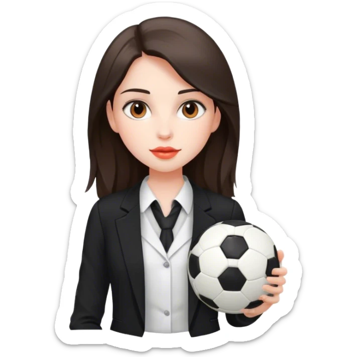 pale girl with soft and long dark brown hair and dark brown eyes, coral colored lip, Holding a soccer ball, Wearing formal black blazer and white sleeveless inside sticker