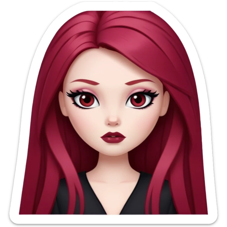 straight long wine red hair, pale skin, dark black eyes, pretty bratz baddie, black eyeliner, blush sticker