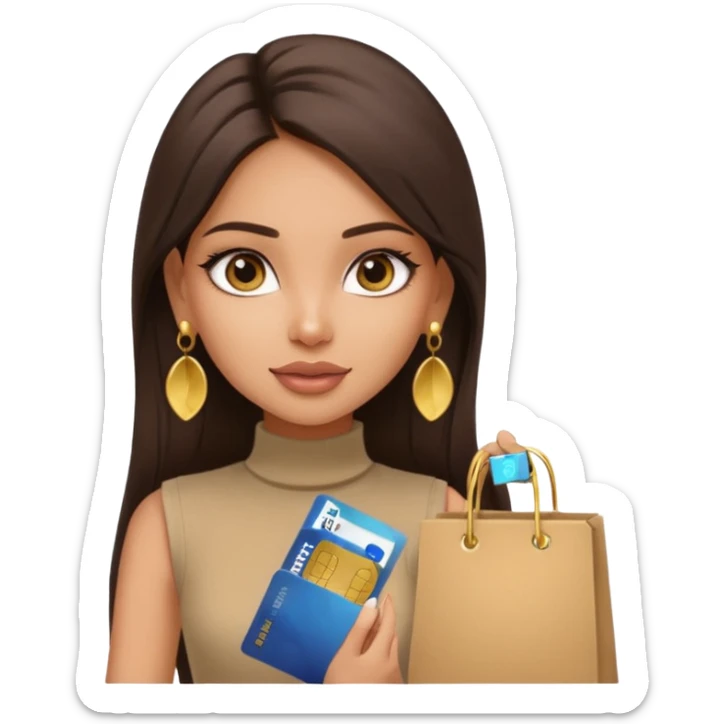a pretty bratz fair indian girl wearing a beige sleeveless turtleneck, golden earrings, straight ling hair, holding bank cards, dark brown hair, carrying shopping bags sticker