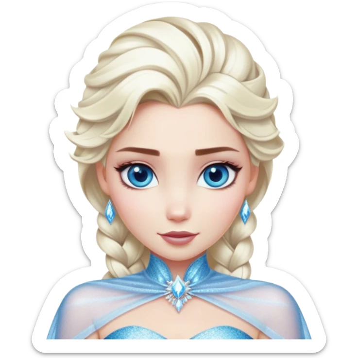 Cinematic Realistic Elsa Portrait, depicted with lifelike skin texture, soft natural lighting, and intricately detailed platinum blonde hair styled elegantly. Her striking, expressive blue eyes exude confidence and grace, complemented by a serene and regal expression. She is dressed in her signature icy attire, with shimmering fabric textures and delicate folds that catch the light beautifully. The portrait features a soft, enchanting glow with a cool, radiant finish, capturing the essence of timeless elegance in a realistic and painterly style, evoking a sense of depth and authenticity. sticker