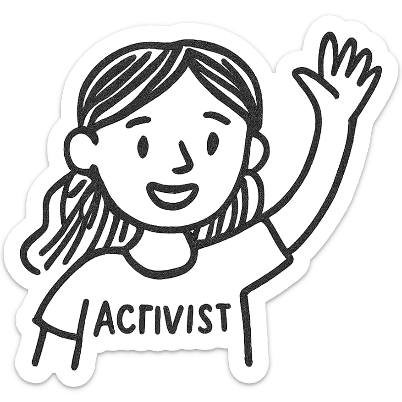 The face of an activist girl waving her hand in a blue T-shirt sticker