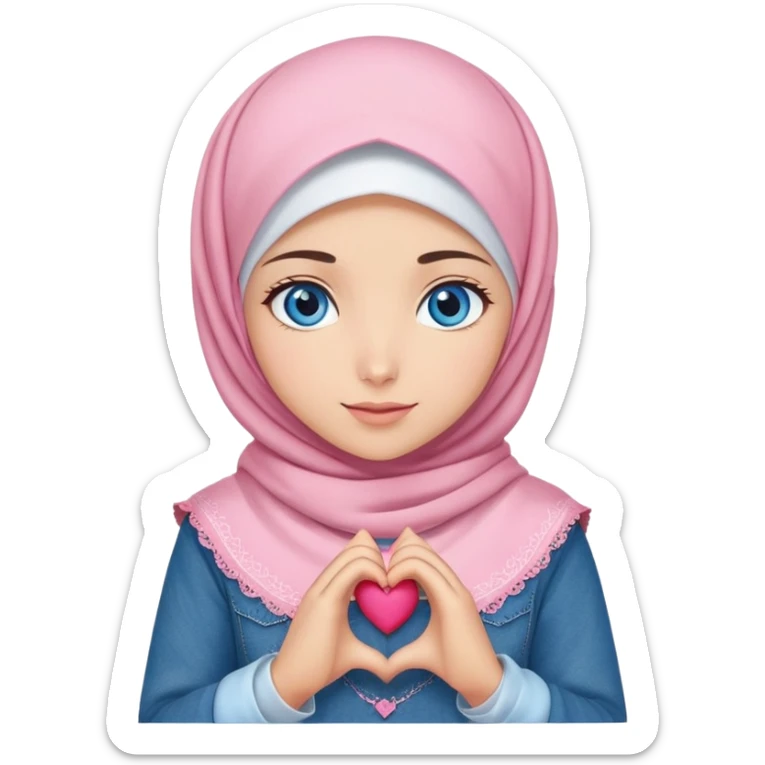 Turkish beautiful finish Konya girl blue eyes with denim pink hijab islamic dress and making heart with hands  sticker