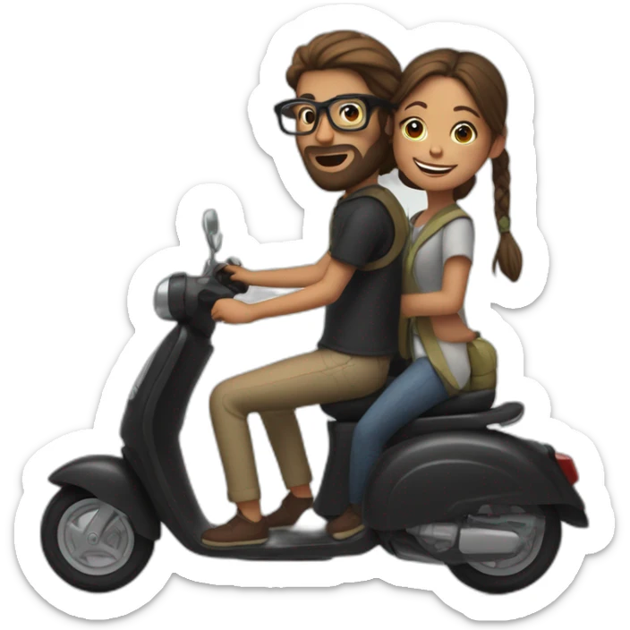 boy with long hair tied in a bun, beard, and glasses, riding a black scooter with a girl on the back sticker