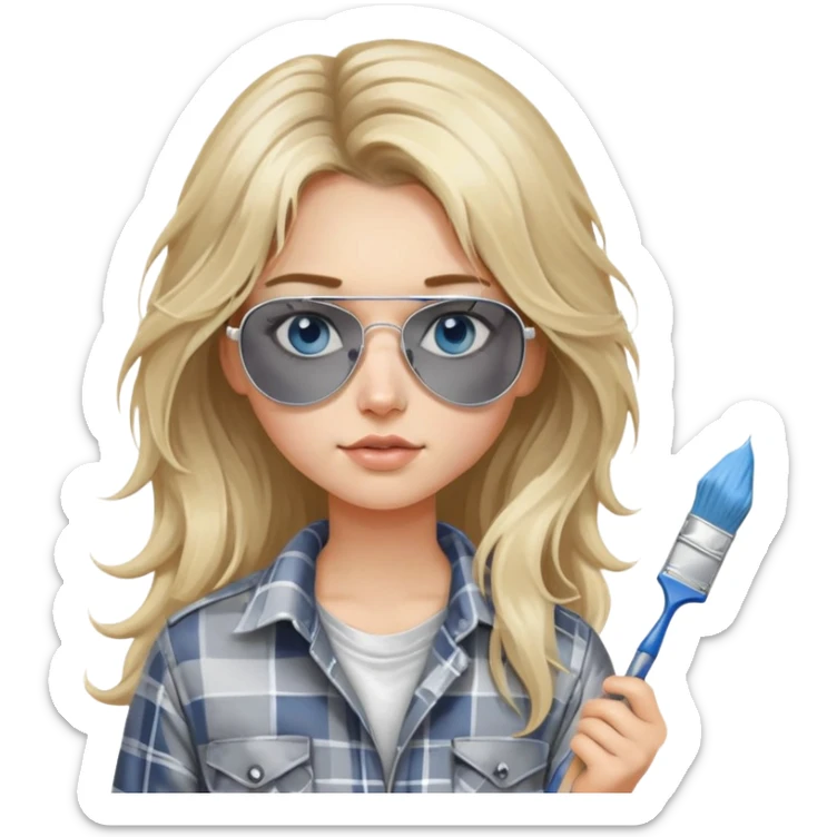 girl with long blond messy hair, wearing grey plaid shirt with blue eyes and aviator sunglasses wearing a ring on her silver necklace, holding a paint brush roller with white paint on her face sticker