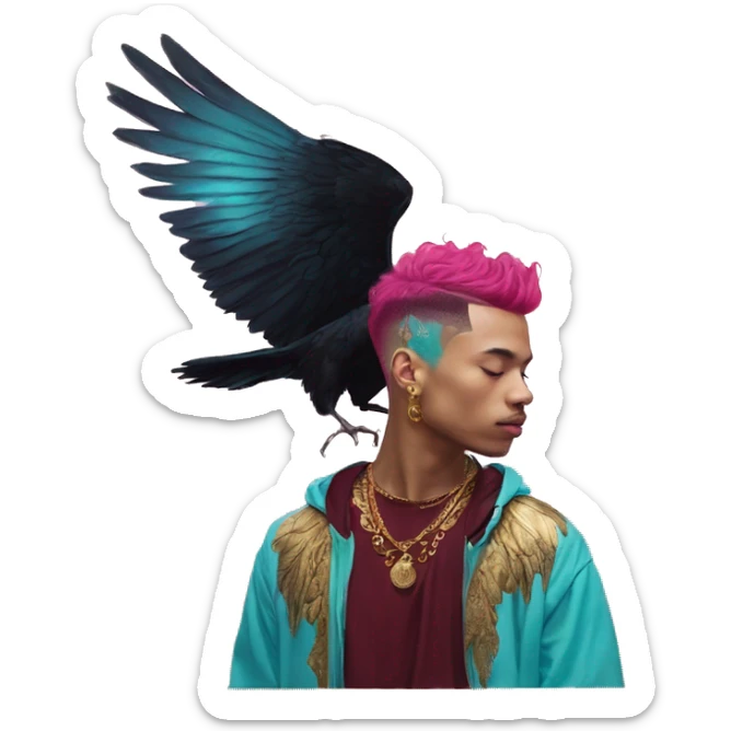 Vintage painting swirls gold jewellery baroque raven wings angel tropical Deep pink maroon burgundy cyan dark hoodie man vitiligo dyed hair gold piercings nose piercing ear piercings sticker