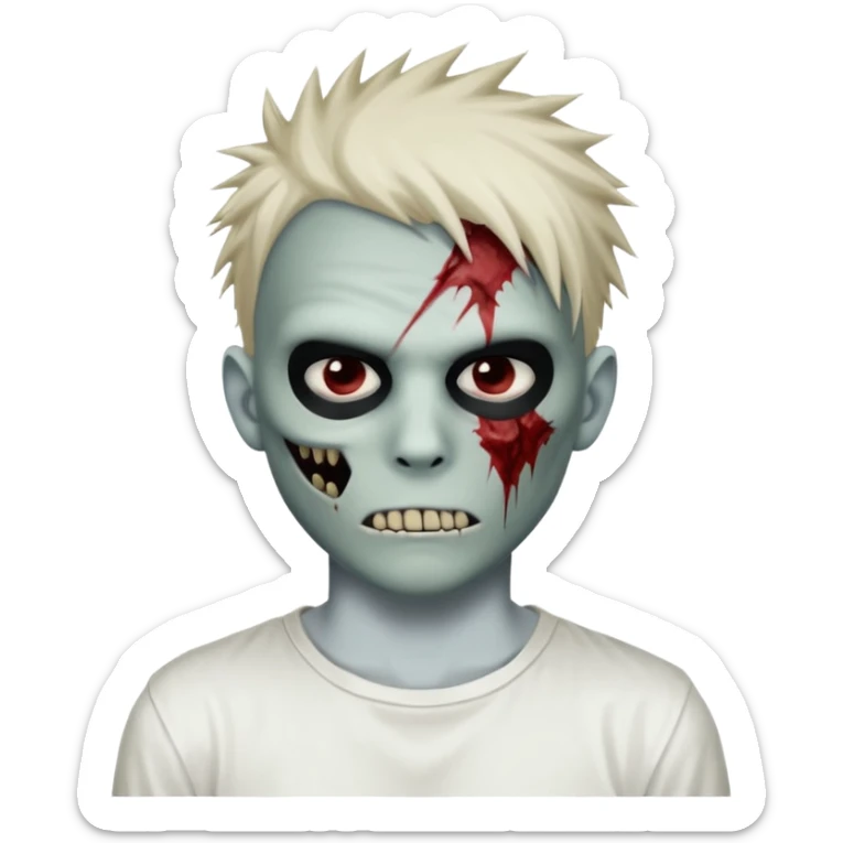 zombie boy with spiky emo hair and white shirt emoji and 

He wears an anonymous mask on half his face and has wounds on the other half. sticker