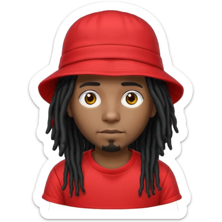 dark brown skin, black hair dreadlocks, wear red t-shirt, black bucket hat sticker