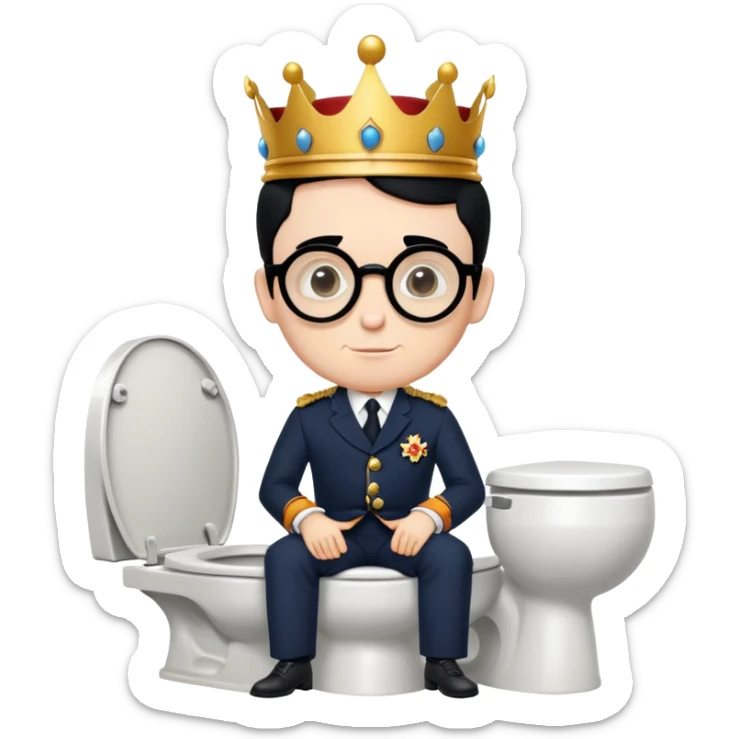 King Charles III with royal crown sitting on a toilet, wearing round glasses and black hair sticker
