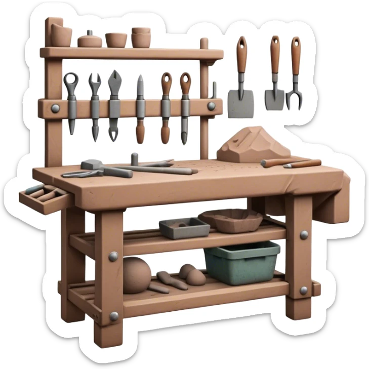 Cinematic Realistic image of a workbench set with a lump of pliable clay and artisanal sculpting tools, rendered with finely detailed textures that reveal subtle clay particles and well-worn tool surfaces, bathed in warm, focused studio lighting sticker