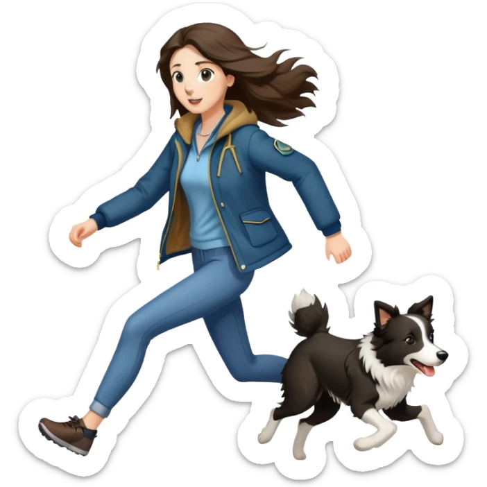 A beautiful tall girl with fair skin and long hair wearing a jacket and running with a Border Collie sticker