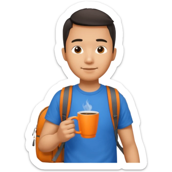 an asian man in blue t-shirt with orange cup of coffee and backpack on the back. Eiffel tower on the background. shoulder length picture sticker