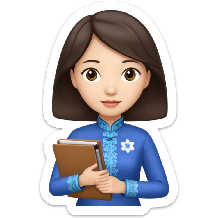 Teacher emoji but : wavy dark brown hair, light skin, no glasses, dark eyes, with a computer folder in the hand, being a teacher, wearing a chinese qipao (brown & blue) 

 sticker
