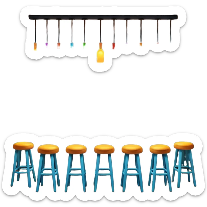 A 3D cartoon bar interior with a counter, glowing shelves of colorful bottles, tall stools, and hanging lights, warm ambient lighting, realistic reflections, Memoji-style.Frame sticker