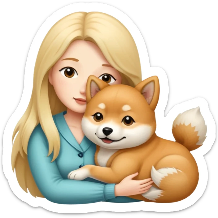 A long-haired white woman hugs a Shiba Lnu dog sticker
